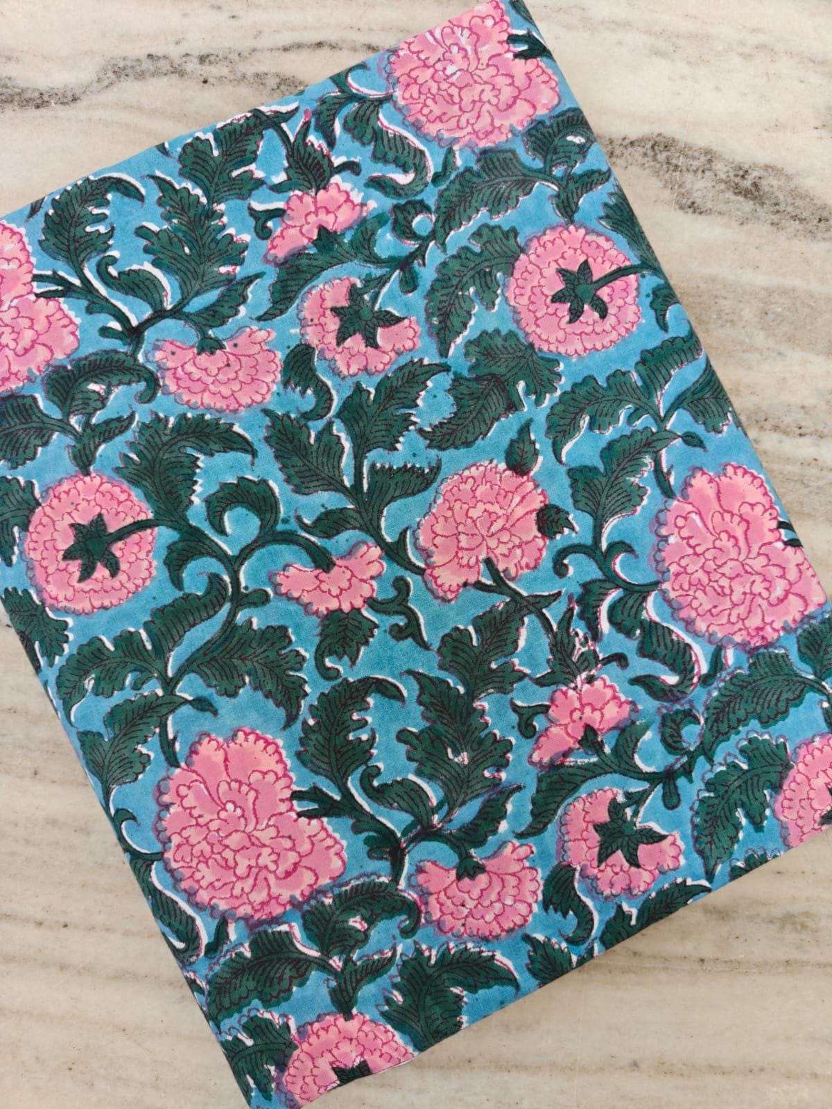 Blue Floral Cotton Fabric by the Yard, Pink Blossom Vine Print, Indian Block Print Style Fabric, Quilting Sewing Craft, Botanical Textile
