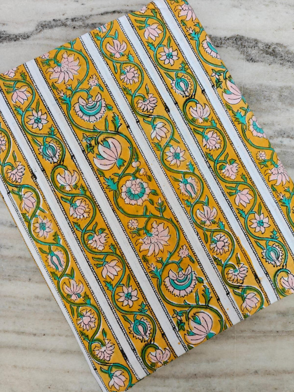 Yellow & White Floral Stripe Cotton Fabric by the Yard, Indian Block Print Cotton, Boho Border Print Fabric, Dressmaking Quilting Fabric