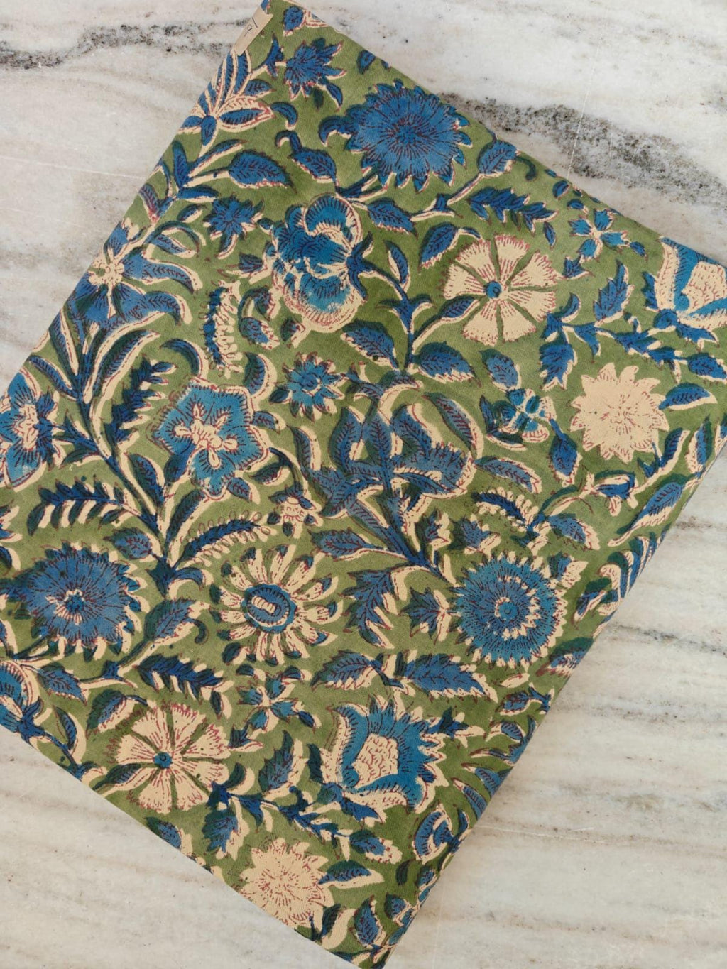 Hand Block Print Cotton Fabric by the Yard | Green Blue Soft Indian Floral Cotton Material | Sewing Quilting Dressmaking Craft Fabric