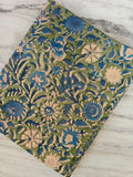 Hand Block Print Cotton Fabric by the Yard | Green Blue Soft Indian Floral Cotton Material | Sewing Quilting Dressmaking Craft Fabric