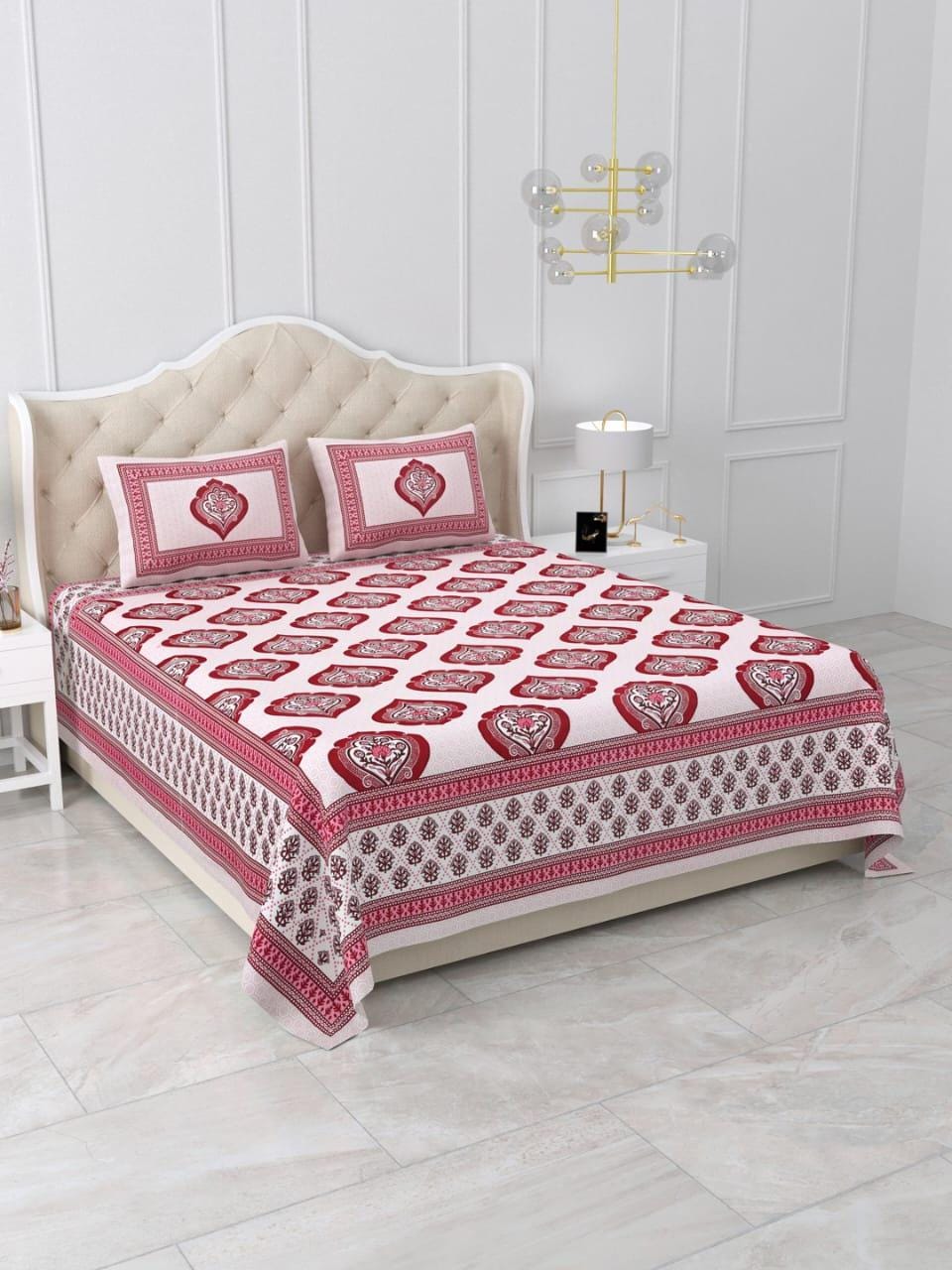Red Cotton Bedsheet Set, Traditional Block Print Bedspread with Pillow Covers, Soft Breathable Bedding, Queen Size Indian Ethnic Bed Linen