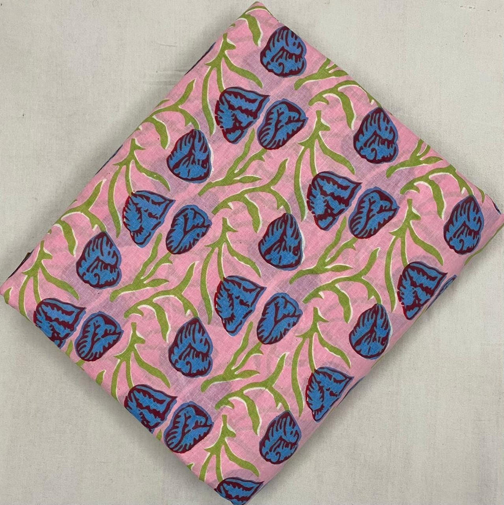 Pink Floral Hand Block Print Cotton Fabric, Blue Leaf Botanical Indian Fabric, Soft Cotton Yardage for Dressmaking, Quilting & Home Decor