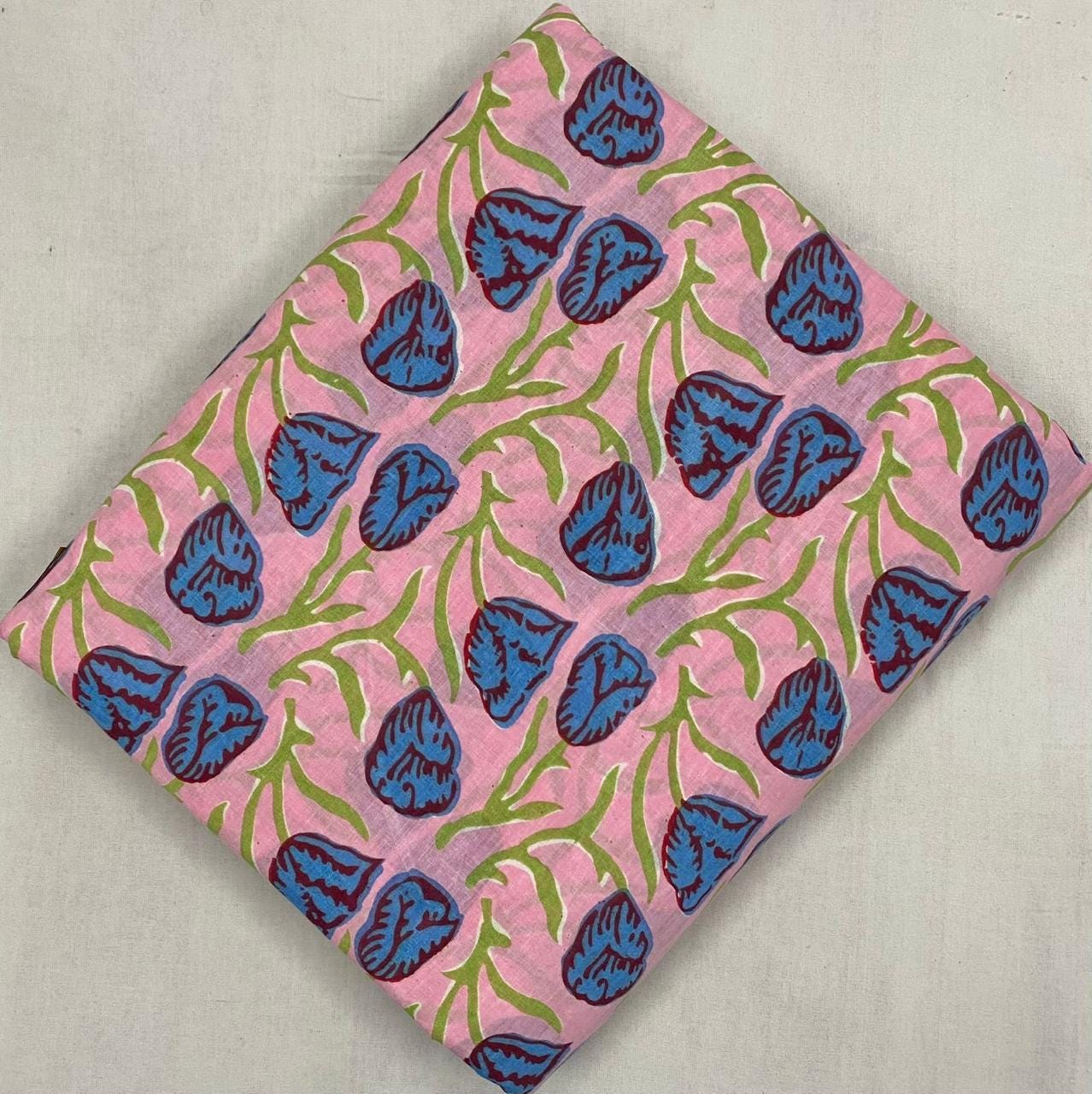 Pink Floral Hand Block Print Cotton Fabric, Blue Leaf Botanical Indian Fabric, Soft Cotton Yardage for Dressmaking, Quilting & Home Decor