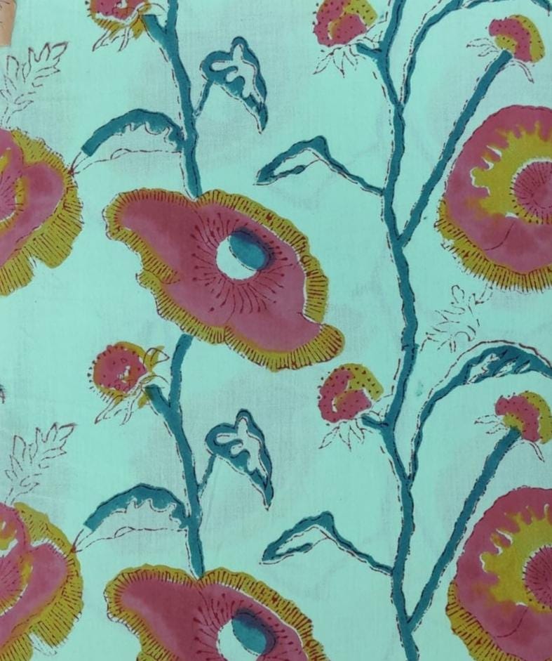 Turquoise Floral Cotton Fabric, Pink Flower Print Fabric, Quilting Cotton, Botanical Fabric by the Yard, Sewing Fabric, Craft Fabric
