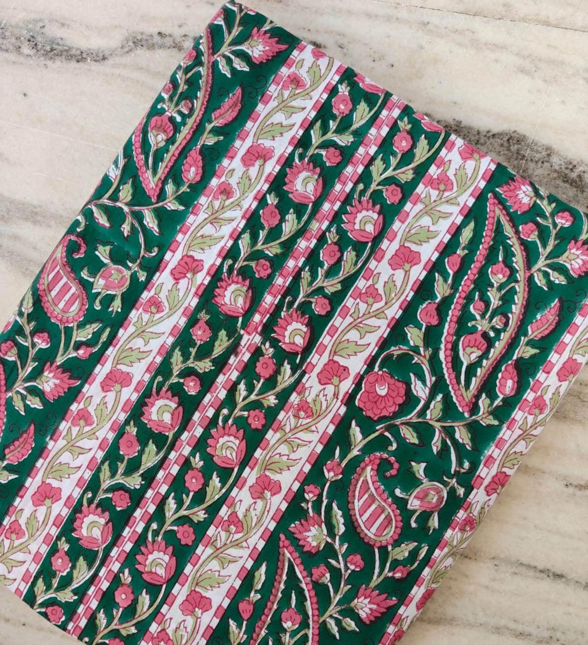 Green Floral Cotton Fabric by Yard, Indian Block Print Fabric, Pink Flower Stripe Fabric Material for Dressmaking, Quilting & Home Decor