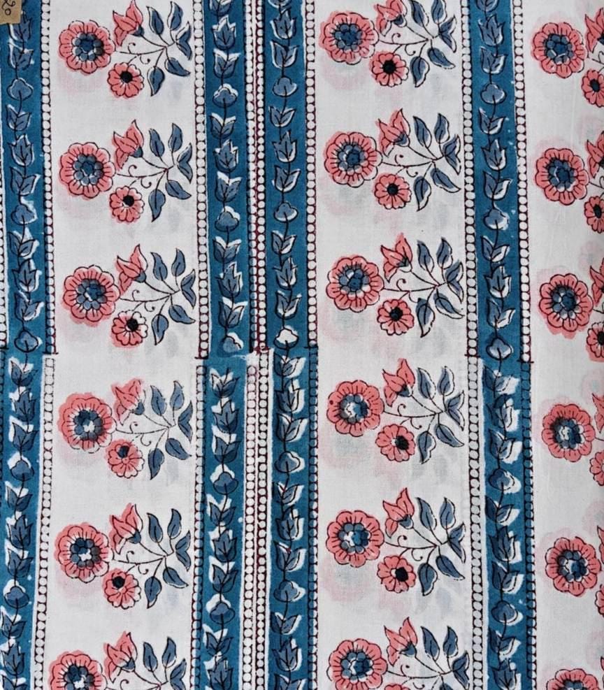 White Cotton Fabric with Blue Stripes & Pink Floral Print, Hand Block Print Cotton by the Yard, Indian Sewing Quilting Fabric Textile Fabric