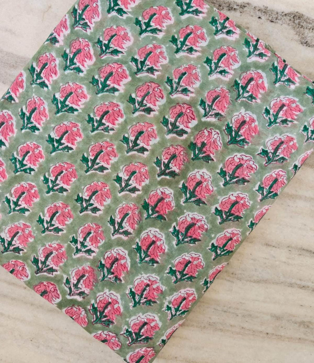 Sage Green Pink Floral Cotton Fabric by Yard, Hand Block Print Fabric, Indian Flower Cotton Material, Quilting Sewing Fabric, Boho Textile