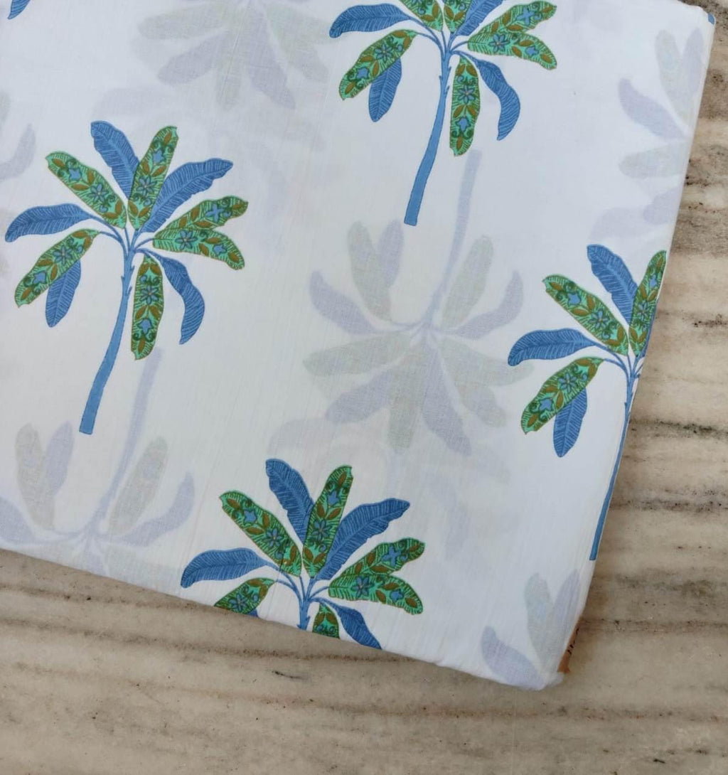 Blue Green Palm Tree Cotton Fabric, Tropical Print Fabric by the Yard, Beach Theme Sewing Fabric, Lightweight Cotton for Quilting & Apparel