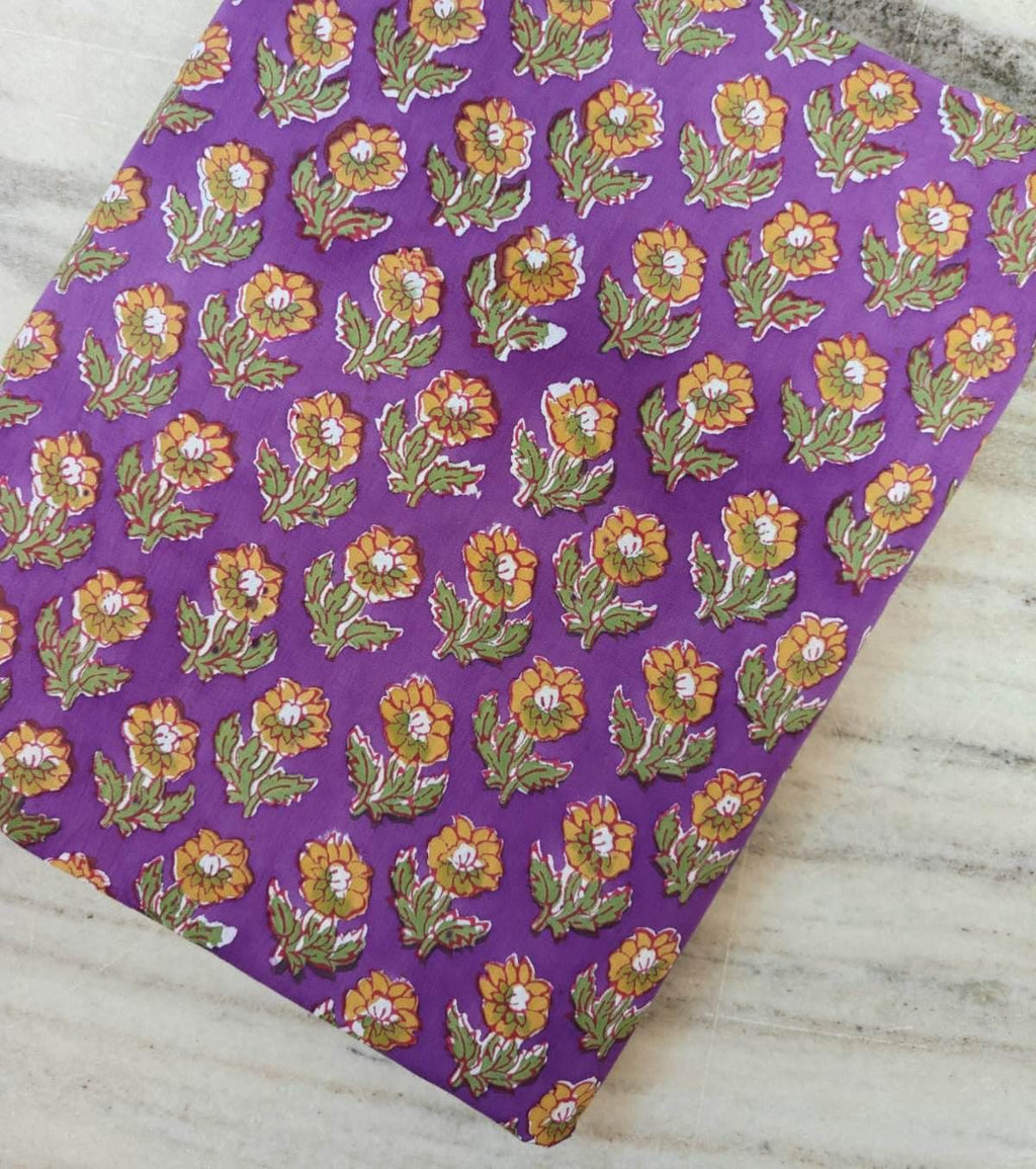 Purple Floral Cotton Fabric, Yellow Flower Print Fabric, Block Print Style Quilting & Dressmaking Fabric By The Yard, Loose Running Fabric