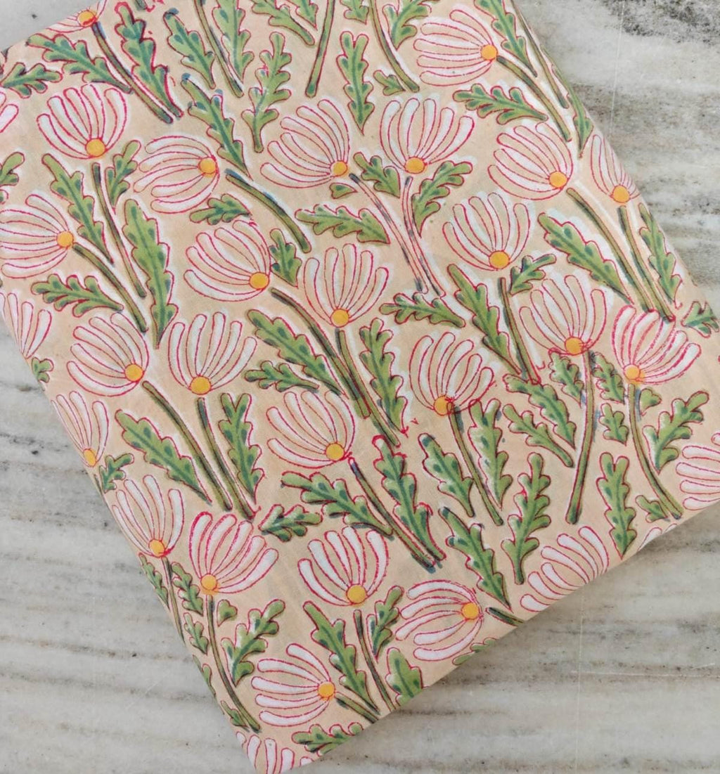 Beige Floral Cotton Fabric by the Yard, Pink Daisy Block Print, Indian Hand Printed Botanical Textile, Cream Cotton Fabric with Pink Flowers