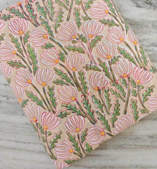 Beige Floral Cotton Fabric by the Yard, Pink Daisy Block Print, Indian Hand Printed Botanical Textile, Cream Cotton Fabric with Pink Flowers
