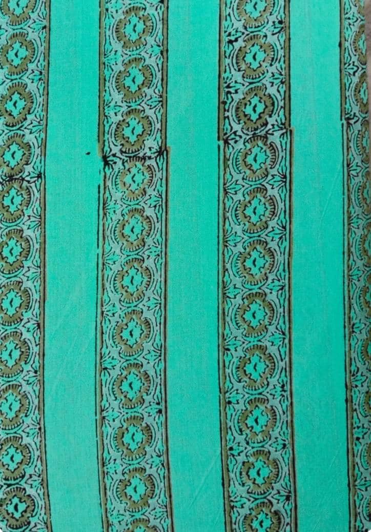 Hand Block Printed Cotton Fabric, Turquoise Floral Stripe Fabric, Indian Cotton Textile, Dressmaking Quilting Fabric, Fabric By The Yard