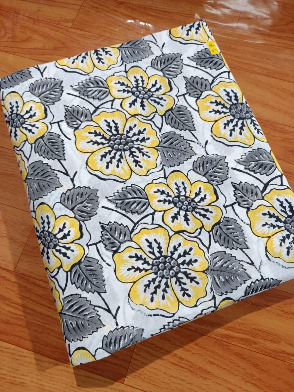 Yellow and Green Cotton Fabric. Soft Cotton, Indian Hand Block Print Fabric, Floral 100% Cotton Fabric By The Yard, Fabric for Loose Running