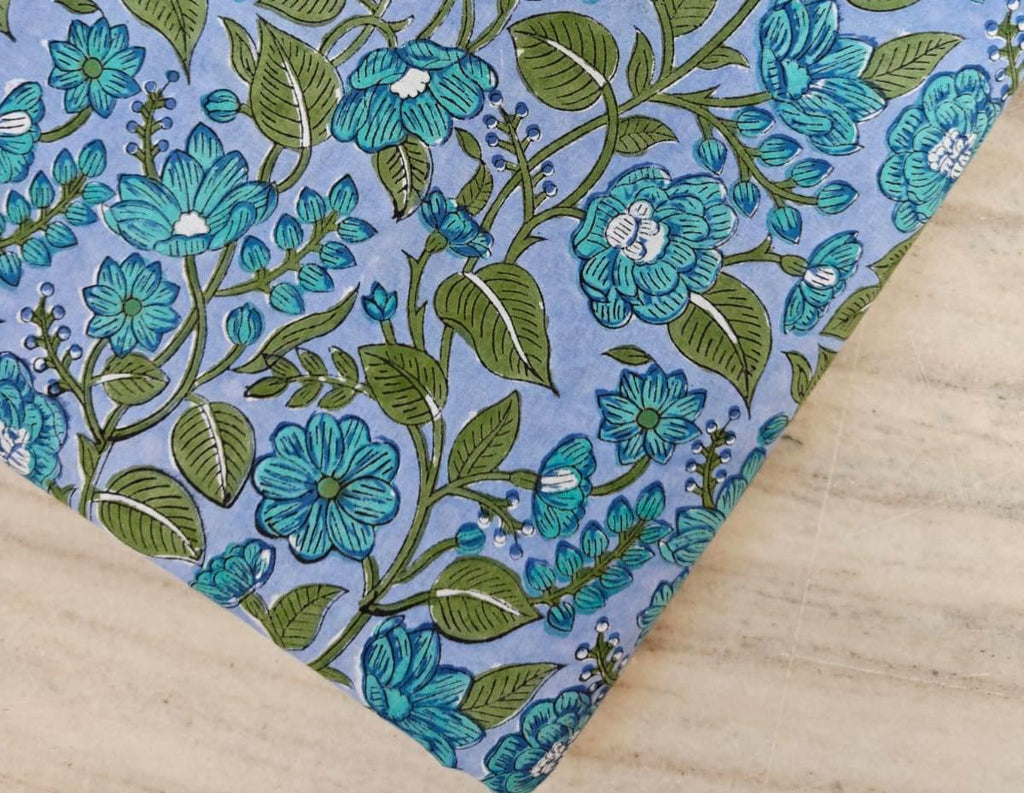 Blue Floral Cotton Fabric, Lightweight Quilting Fabric, Soft Block Print Fabric by the Yard, Dressmaking Fabric, Blue Flower Pattern Textile