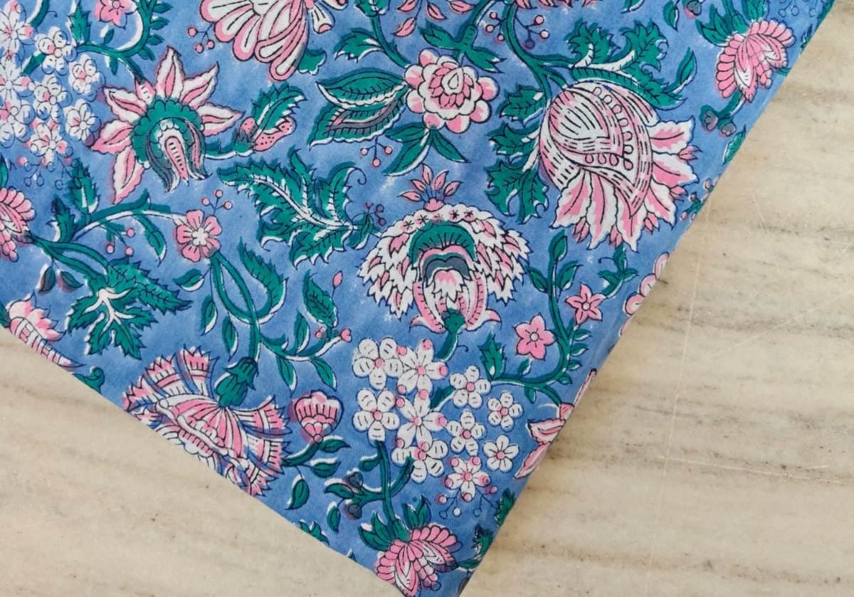 Blue Pink Indian Hand Block Print Fabric, 100% Cotton Quilting Fabric By The Yard, Fabric Dressmaking, Loose Running Fabric, Napkin Fabric