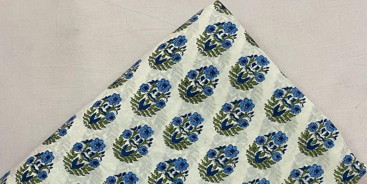 Blue Floral Cotton Fabric by the Yard Indian Block Print Fabric Hand Printed Cotton Fabric Soft Lightweight Fabric for Quilting Dressmaking