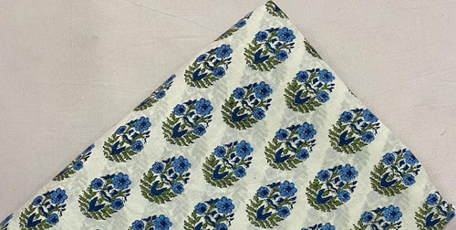 Blue Floral Cotton Fabric by the Yard Indian Block Print Fabric Hand Printed Cotton Fabric Soft Lightweight Fabric for Quilting Dressmaking
