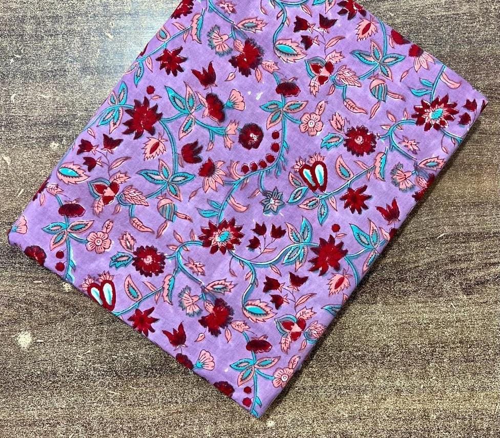 Purple Floral Cotton Fabric | Hand Block Print Cotton Fabric Fabric by The Yard | Indian Printed Cotton for Sewing, Quilting, Dressmaking
