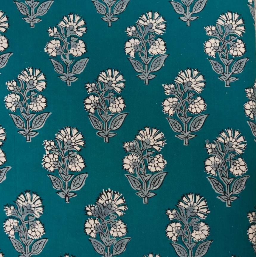 Teal Floral Cotton Fabric by the Yard, Indian Block Print Fabric, Small Buta Print Fabric, Boho Sewing Quilting Fabric, Dressmaking Textile