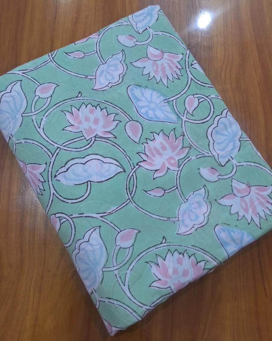 Green Cotton Fabric, Floral Block Print Fabric, Indian Hand Block Print Cotton Fabric by Yard, Boho Sewing Quilting Fabric, Napkin, Curtains