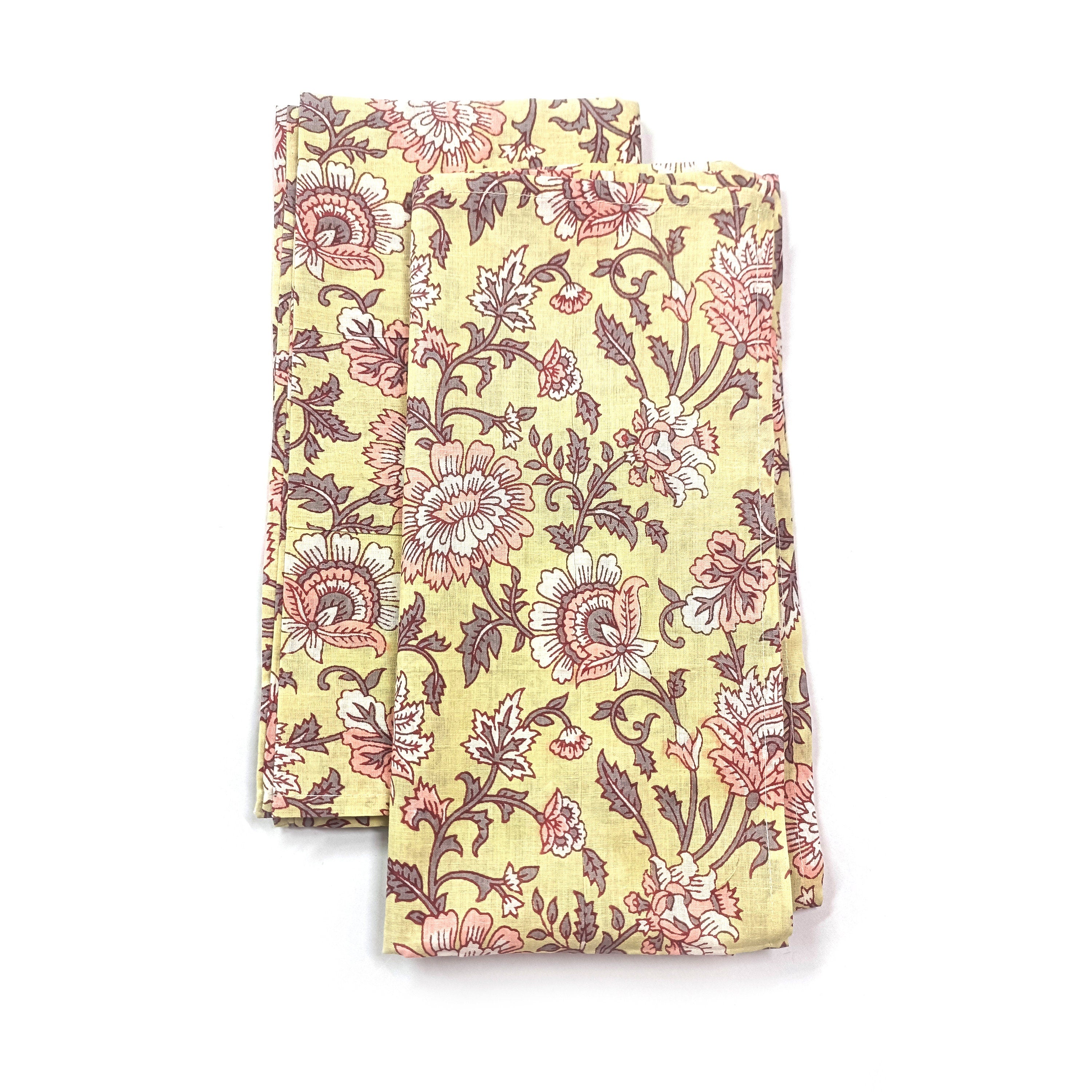 Hand Printed Cotton Dinner Napkins: Floral Block Print, Set of 4
