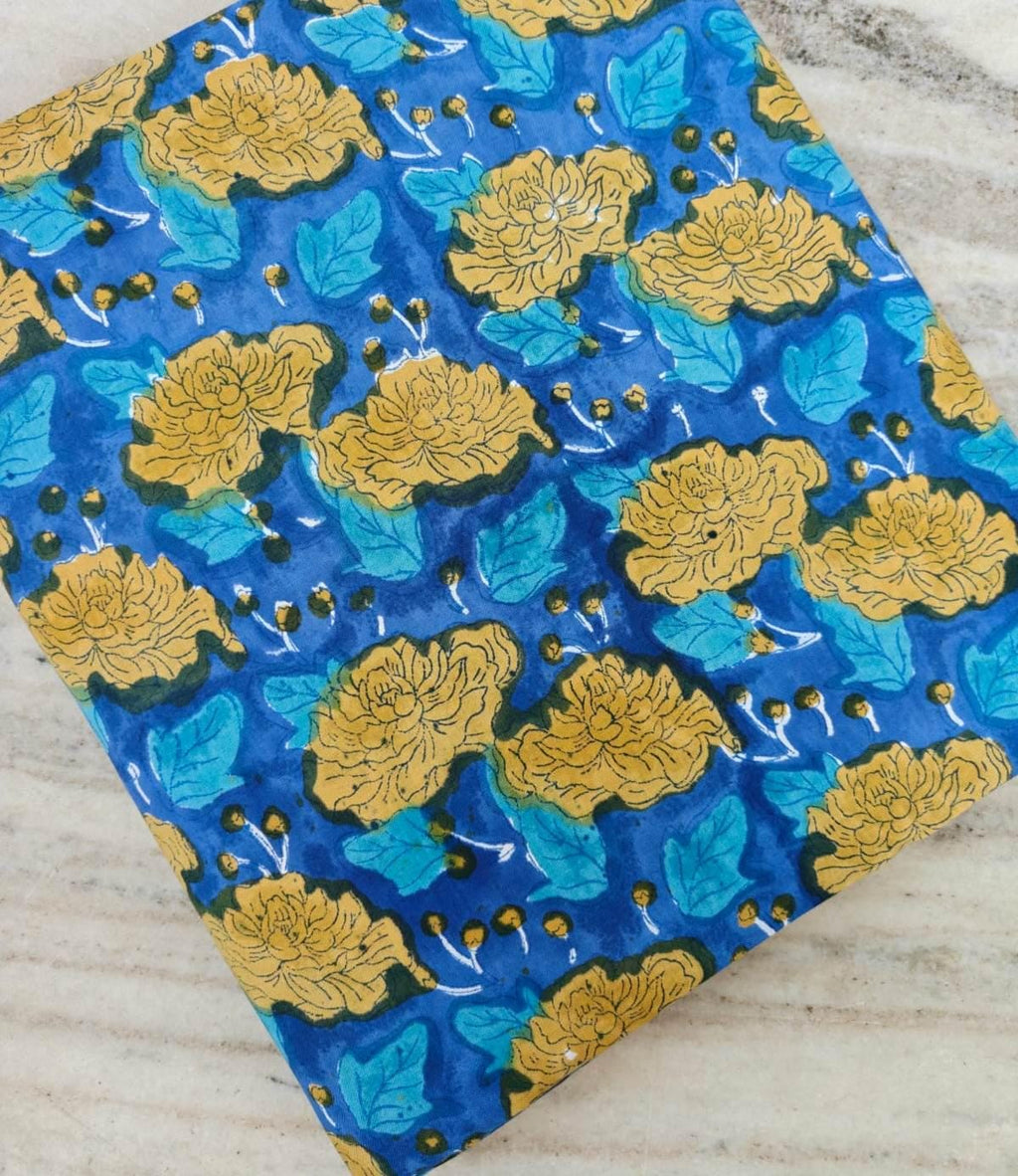 Blue Floral Cotton Fabric, Hand Block Print Fabric, Yellow Flower Indian Cotton, Botanical Print Fabric, Quilting Craft Fabric, Boho Textile