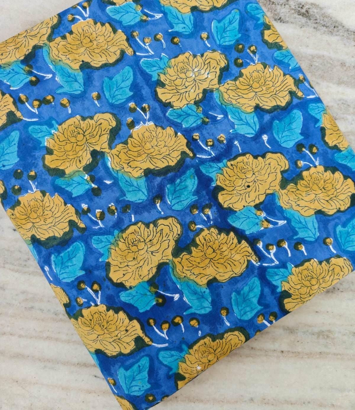 Blue Floral Cotton Fabric, Hand Block Print Fabric, Yellow Flower Indian Cotton, Botanical Print Fabric, Quilting Craft Fabric, Boho Textile