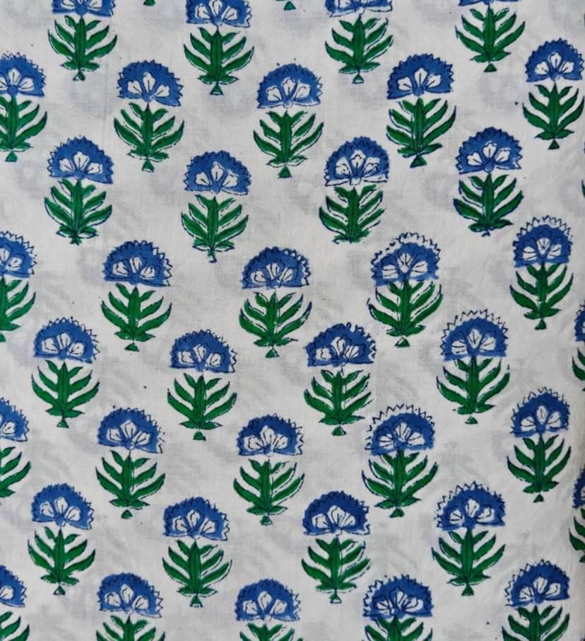 Blue Floral Cotton Fabric, Hand Block Print Fabric, Indian Cotton Textile, Small Buta Print, Soft Lightweight Fabric for Sewing Dressmaking