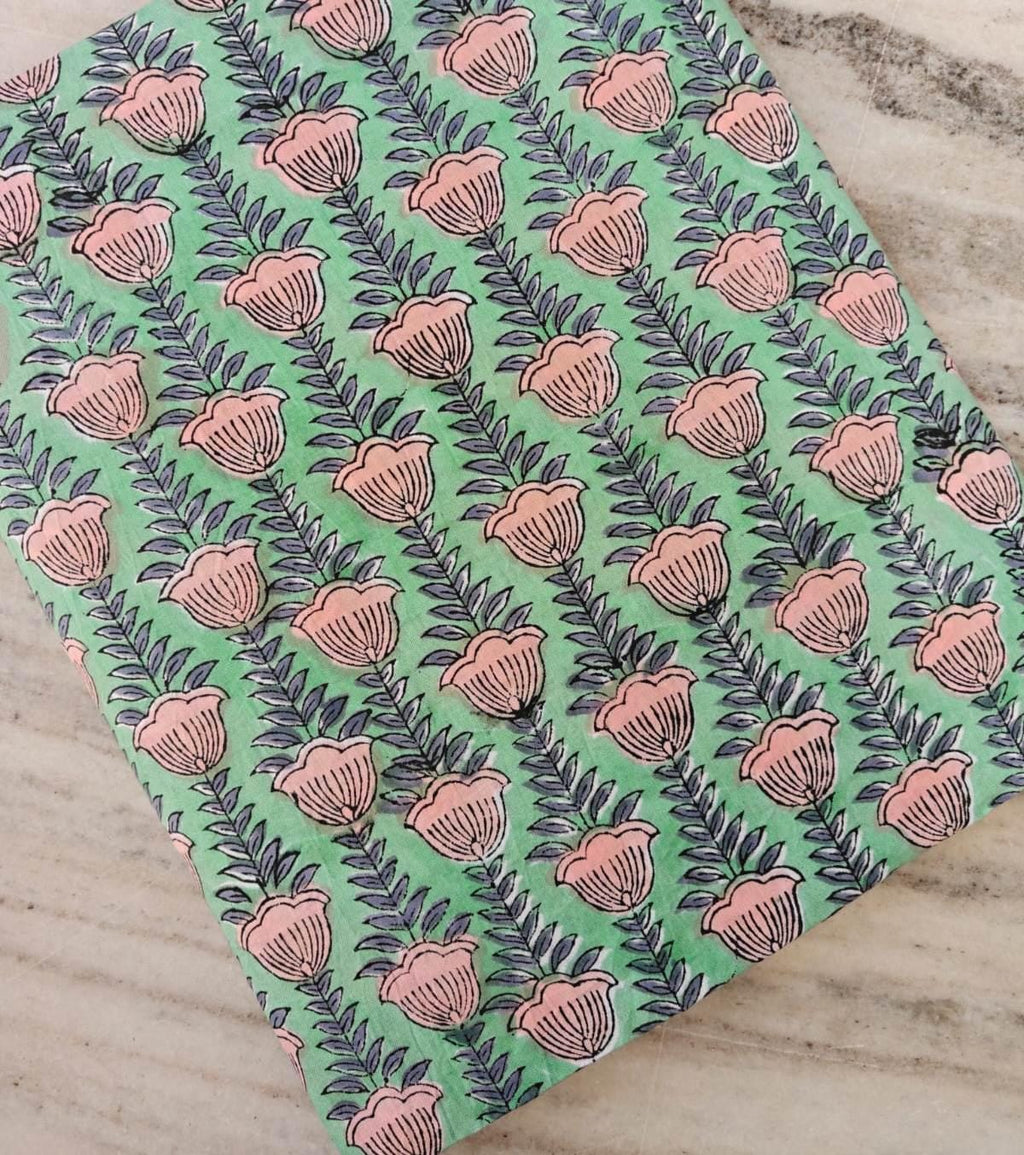 Mint Green Floral Cotton Fabric by Yard, Pink Tulip Hand Block Print Fabric, Indian Cotton Material for Dress, Quilting, Craft & Home Decor