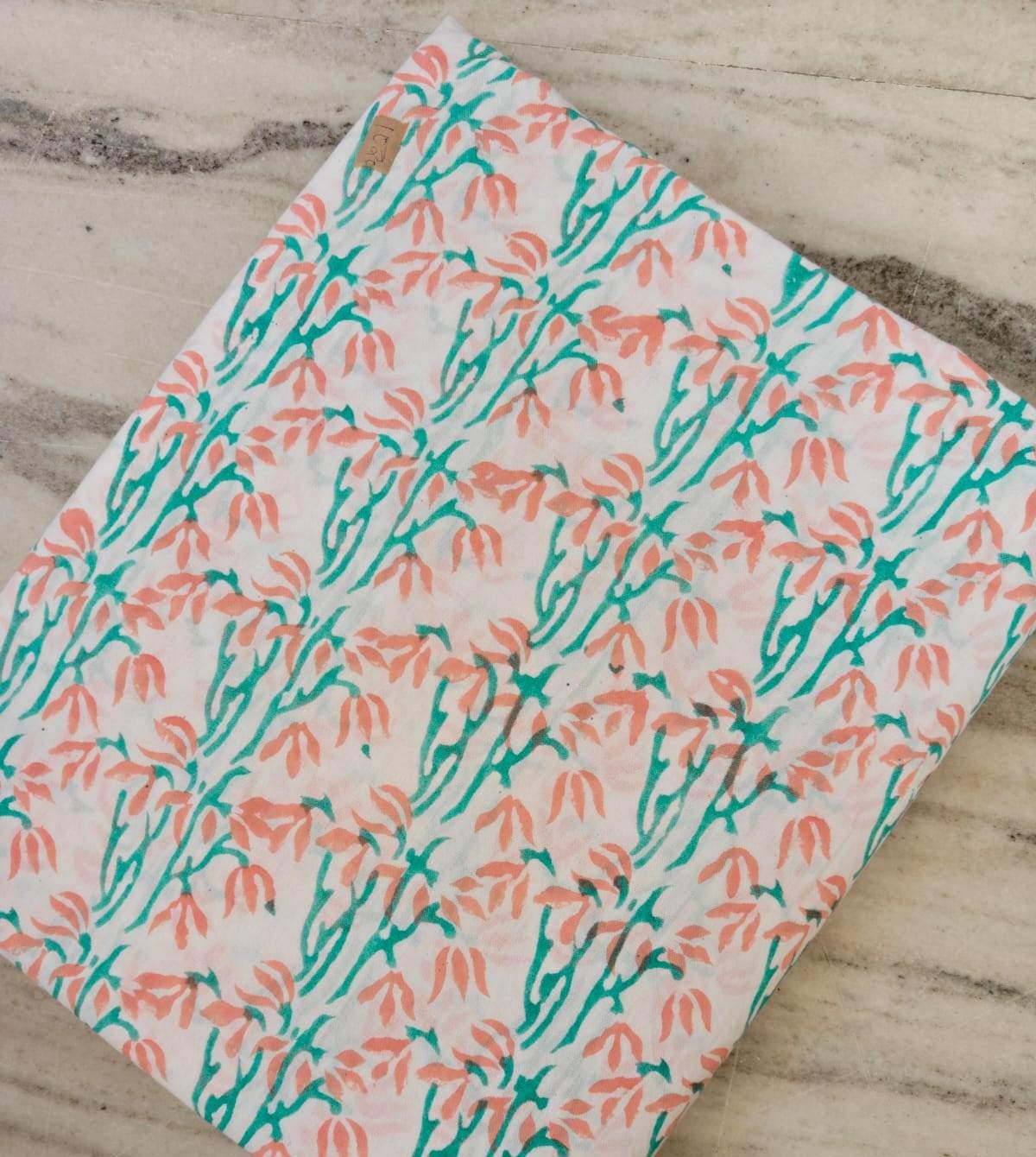 Peach Green Floral Cotton Fabric by Yard, Lightweight Botanical Print Cotton for Sewing, Quilting, Dressmaking & DIY Projects, Napkins