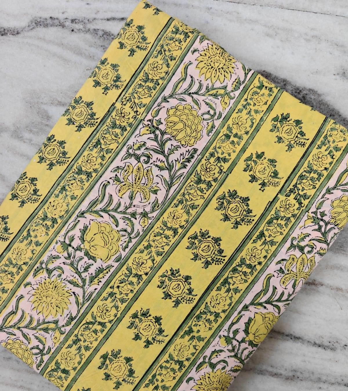 Yellow Floral Stripe Cotton Fabric, Block Print Fabric, Indian Cotton Fabric by Yard, Vintage Style Flower Fabric, Sewing Craft Fabric