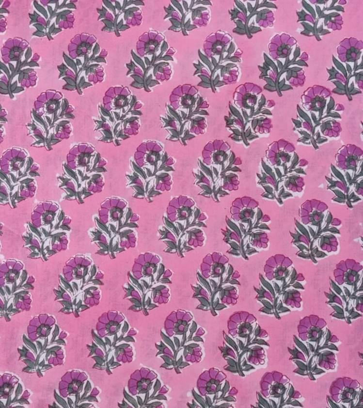 Pink Floral Cotton Fabric by the Yard, Purple Flower Block Print Fabric, Sewing, Quilting, Dressmaking, Craft Fabric, Loose Running Fabric