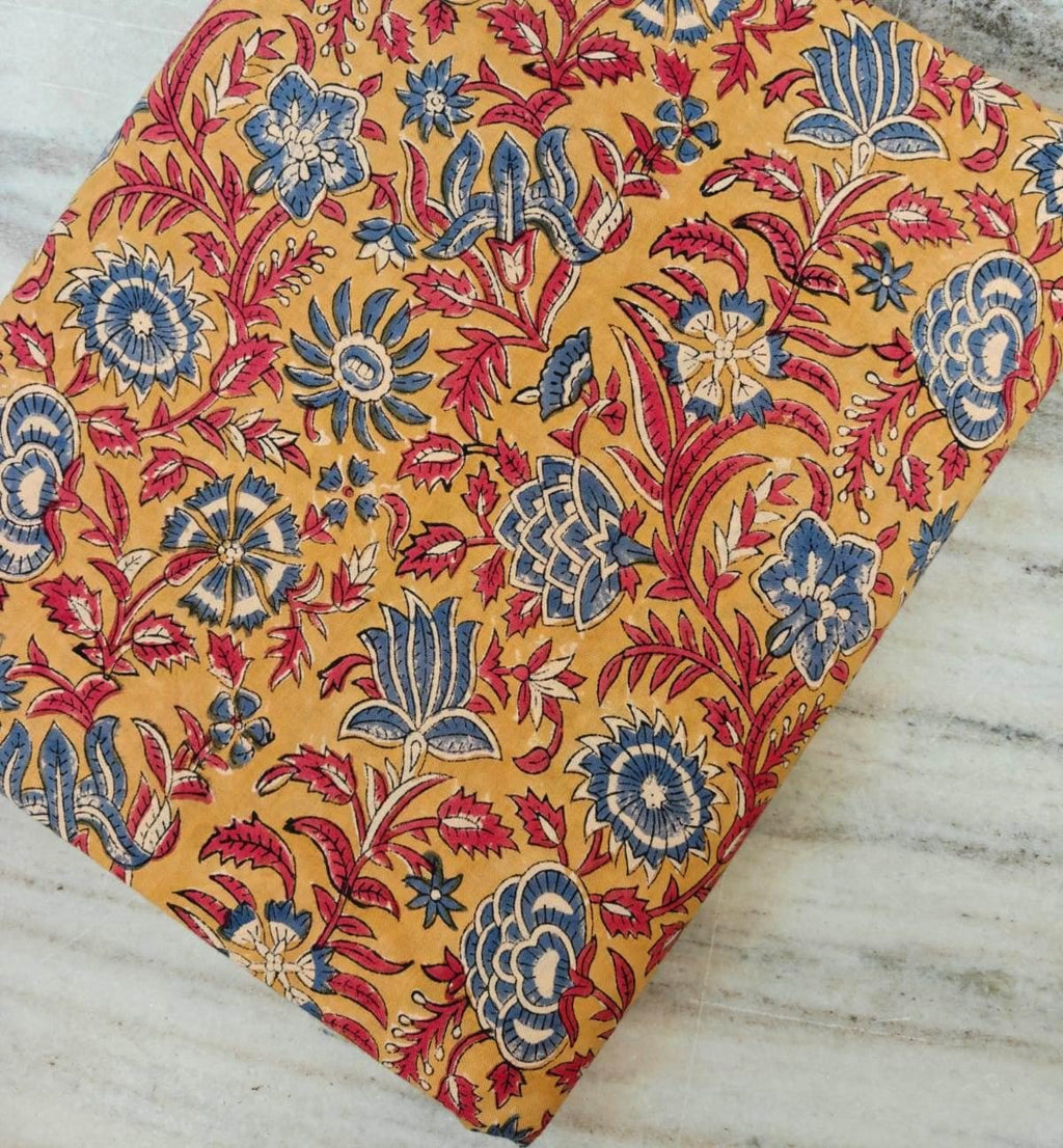 Mustard Yellow Floral Cotton Fabric by the Yard, Indian Block Print Fabric, Blue Red Flower Print, Quilting Sewing Craft Fabric, Napkins