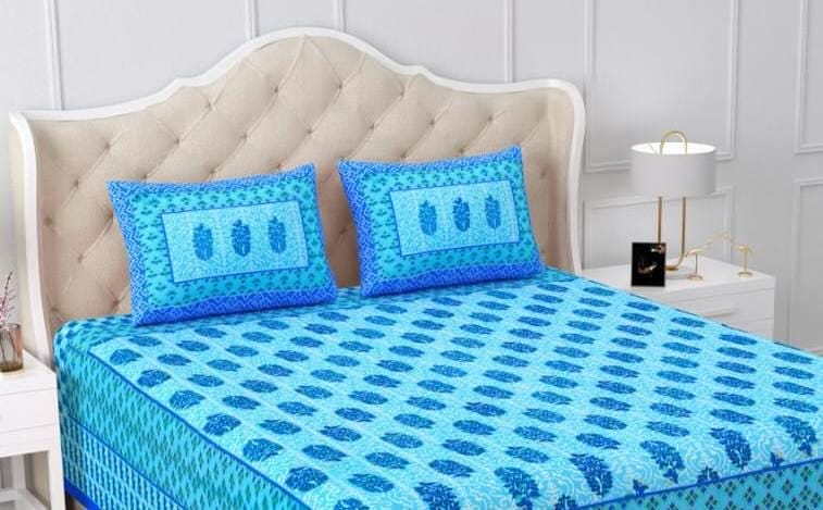Blue Turquoise Hand Block Print Cotton Bedsheet with Pillow Covers, Queen Size Bedding Set, Floral Indian Bedspread, Soft Breathable Sheet