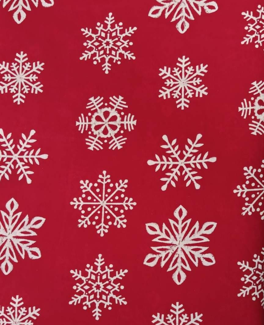 Red Cotton Fabric with White Snowflake Christmas Tree Fabric By The Yard, Hand Block Print Christmas Quilting, Sewing Holiday Home Decor