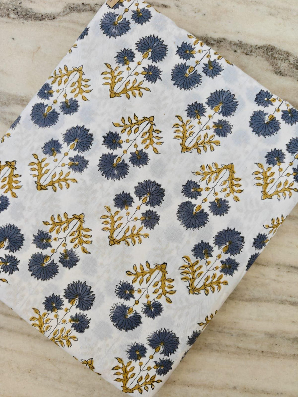 Hand Block Print Cotton Fabric, Blue Floral Fabric, Mustard Yellow Botanical Print, Indian Cotton Fabric by Yard, Soft Lightweight Fabric