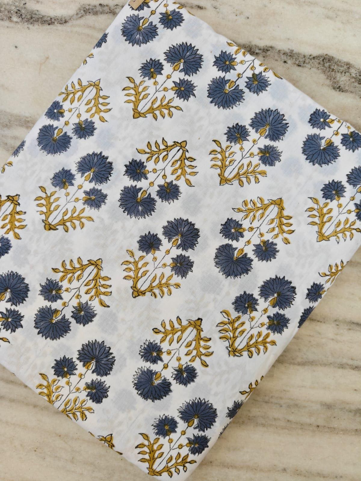 Hand Block Print Cotton Fabric, Blue Floral Fabric, Mustard Yellow Botanical Print, Indian Cotton Fabric by Yard, Soft Lightweight Fabric