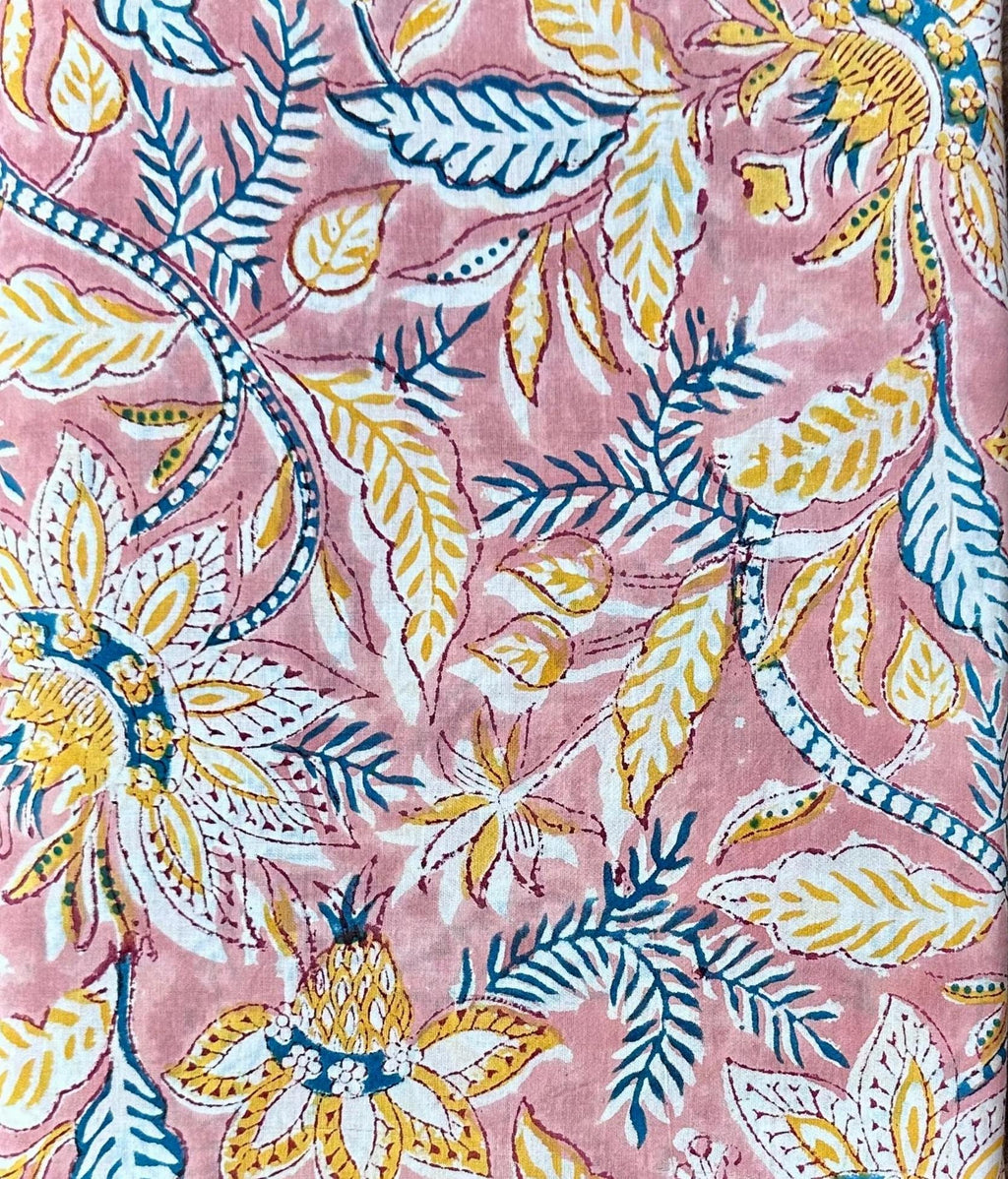 Pink Floral Hand Block Print Cotton Fabric – Indian Handmade Cotton Cloth, Soft Natural Printed Fabric for Dressmaking, Quilting & Crafts