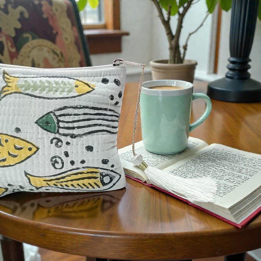 Handmade Mini Quilted Pouch with Fish Print | Boho Coin Purse | Small Zipper Bag with Tassel| Christmas Gifts