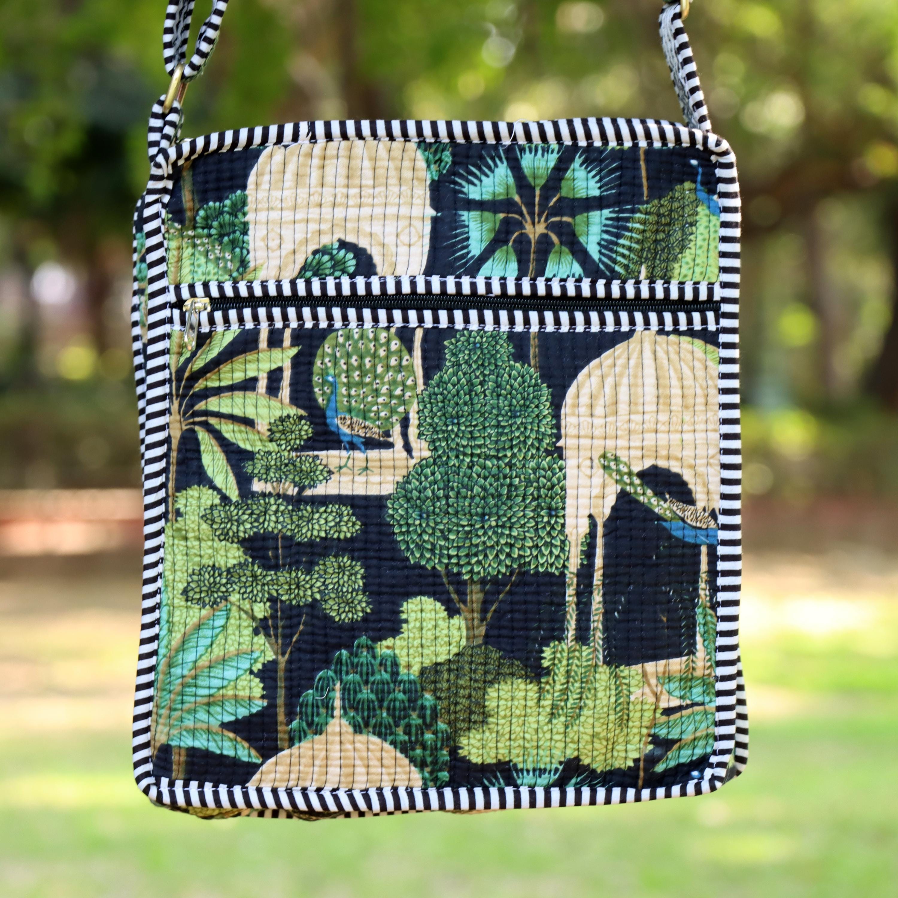 Quilted Crossbody Sling Bag, Handmade Cotton Shoulder Bag, Forest Print Small Travel Pouch, Lightweight Zip Purse for Women Adjustable Strap