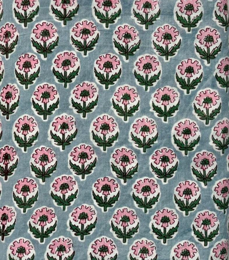 Light Blue Floral Cotton Fabric by Yard, Pink Flower Block Print Fabric, Indian Hand Block Cotton, Boho Dressmaking Quilting & Craft Fabric