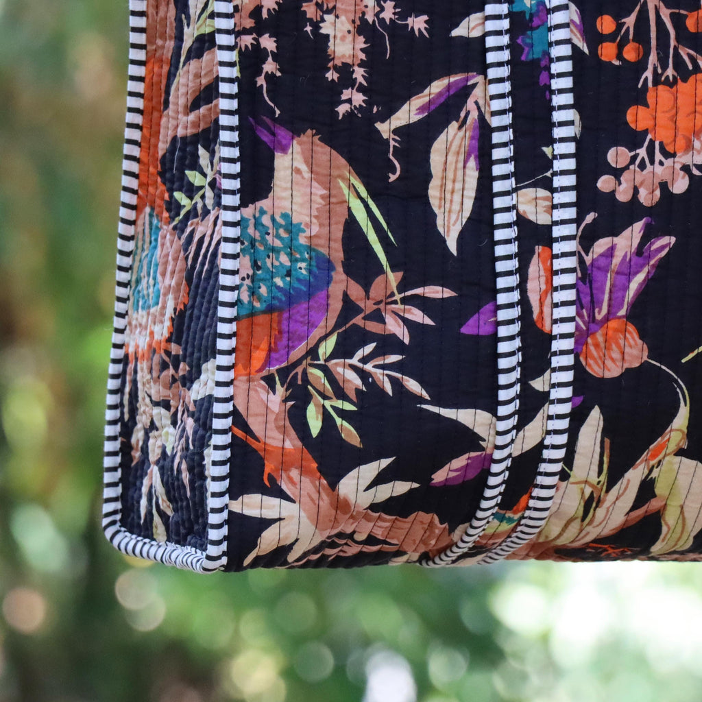 Quilted Cotton Tote Bag, Black Floral Boho Shoulder, Handmade Carryall, Reusable Shopping Bag