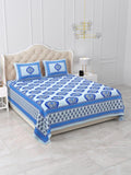 Designer White Base and Blue Color Flower Printed Cotton Bedsheet, Handmade Designer Bedsheet with 2 Pillowcases, Queen Size Double Bedsheet