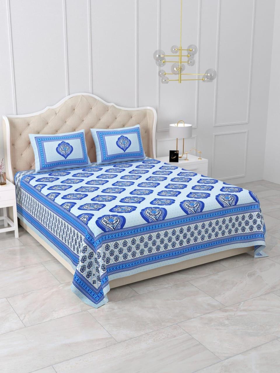 Designer White Base and Blue Color Flower Printed Cotton Bedsheet, Handmade Designer Bedsheet with 2 Pillowcases, Queen Size Double Bedsheet
