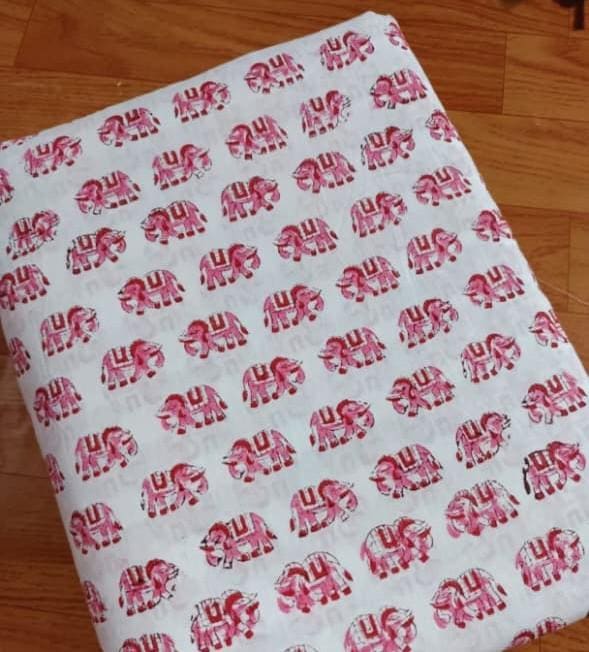 Red Elephant Block Print Cotton Fabric, Indian Hand Block Print Fabric, White Cotton Fabric by Yard, Quilting Sewing Craft elephant Fabric