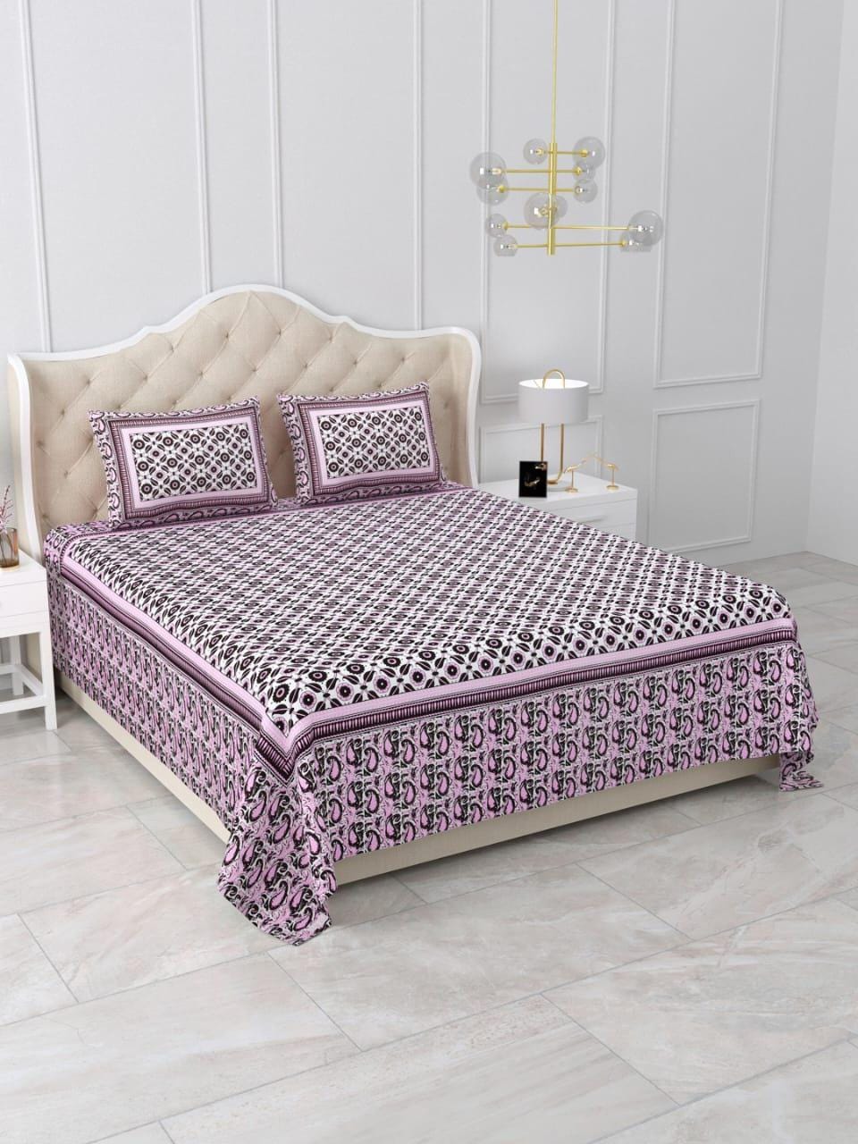 Pink Black Hand Block Print Cotton Bedsheet with Pillow Covers, Queen Size Bedding Set, Floral Indian Bedspread, Soft Breathable Sheet
