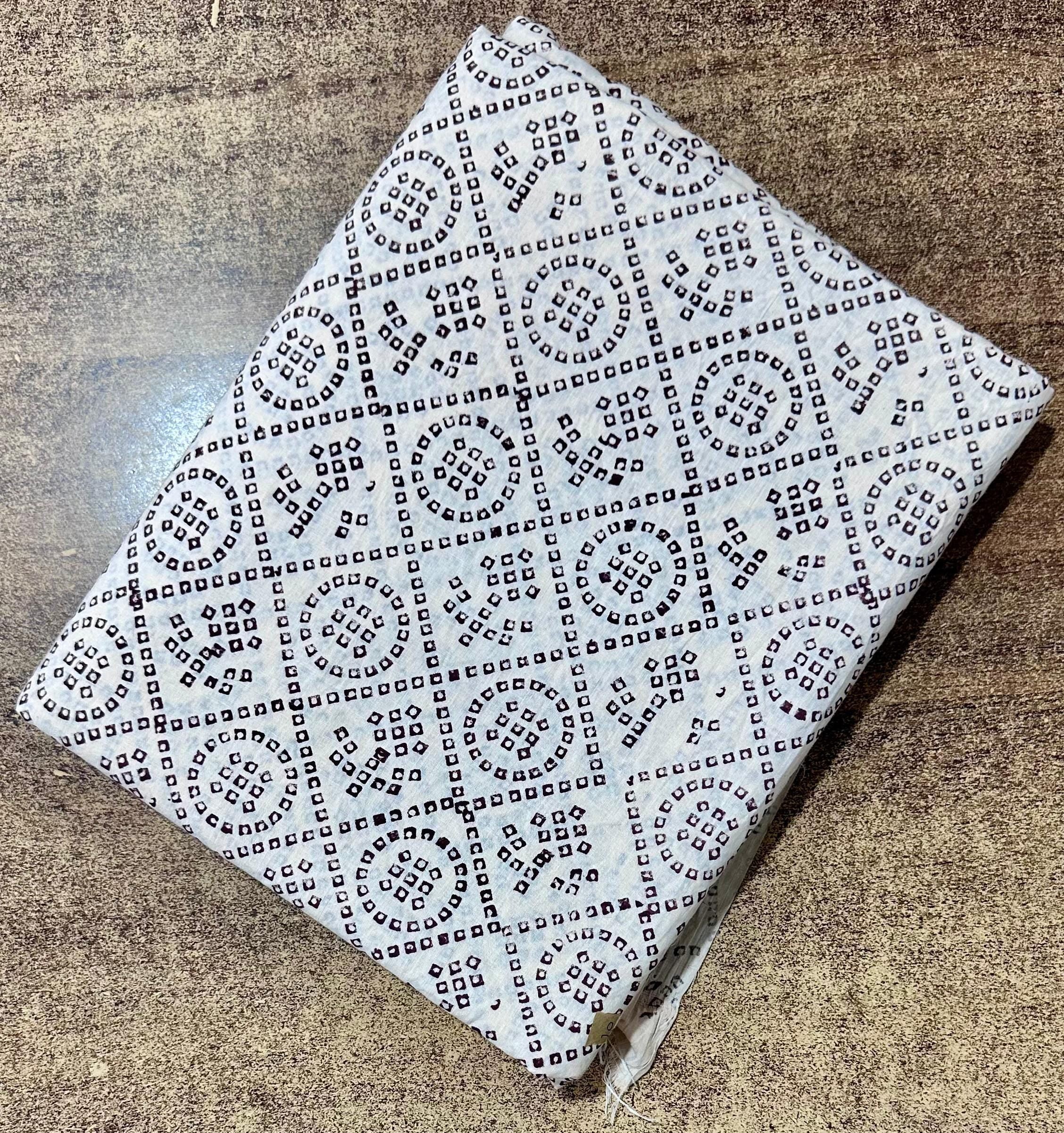 White Geometric Bandhani Indian Hand Block Print Fabric, Soft Cotton Fabric, Floral 100% Cotton Fabric By The Yard, Fabric For Loose Running