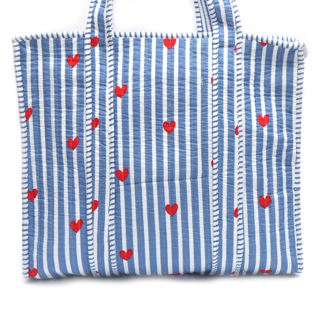 Blue Striped Heart Tote Bag, Quilted Cotton Shoulder Bag, Cute Valentine Tote, Red Heart Print Shopper Preppy Beach Bag Reusable Market Tote