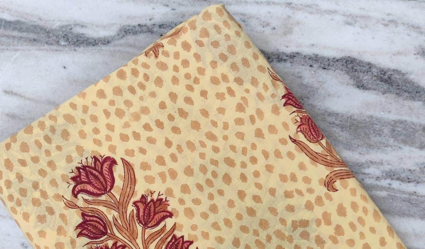 Yellow Cotton Fabric, Hand Block Print Floral Fabric, Mustard Dotted Background, Indian Cotton Fabric, Boho Sewing & Quilting Fabric by Yard