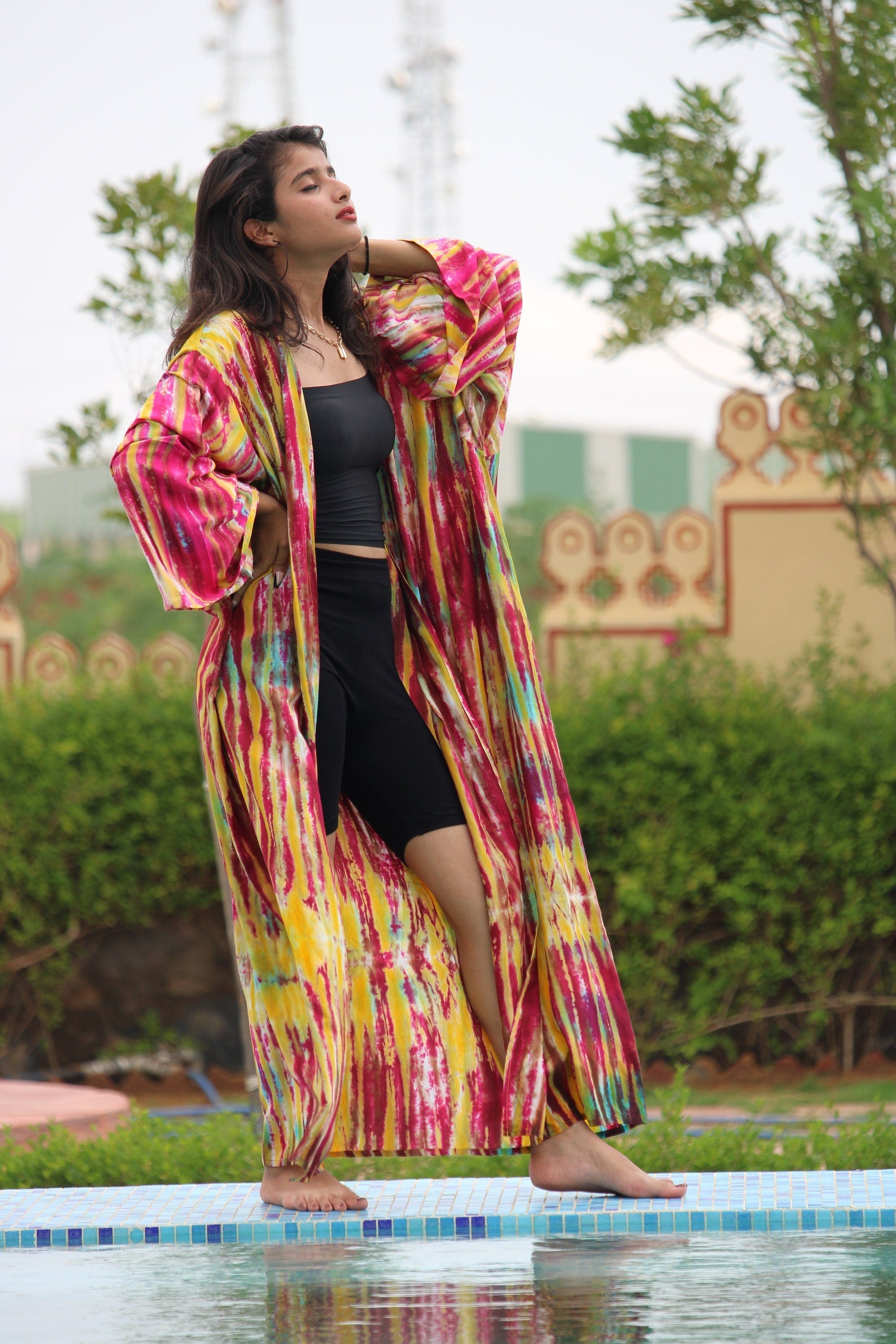 Long Kimono Women, Cover Up, Red Color Light Summer Jacket, Long Kimono Style Wedding Robe Bride, Orange Bridal Robe, Hand Tie Dye Kimono